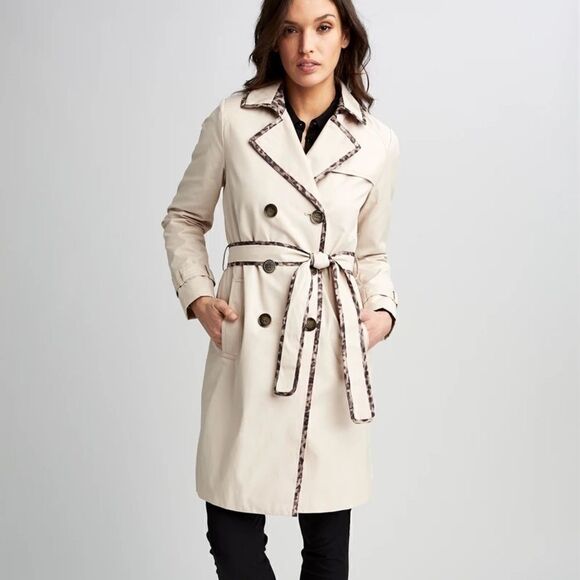Tahari Maggie Leopard-Print-Trim Sand Double-Breasted Raincoat Size Medium NWT - Picture 1 of 8